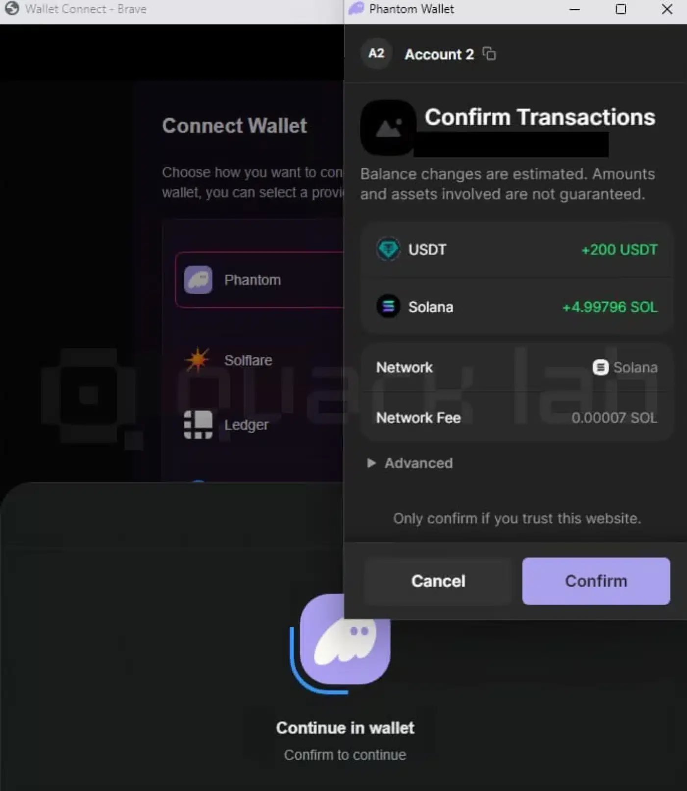 Quark drainer feature: Fake transaction on phantom wallet drainer, fake receive of 1 SOL, 500 USDT, with fake refund enabled